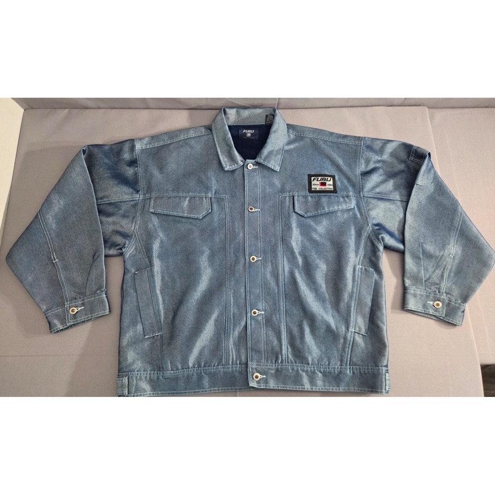 Vintage Fubu Jacket Mens 2 Extra Large Blue Shiny Glitter Denim The Collection